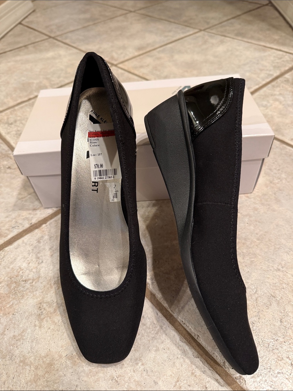 Anne Klein Black Wedge Pumps with Patent Accent